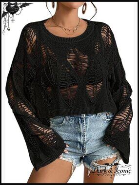 Oversized Gothic Pullover Sweater Long Bell Sleeve Crop Top Acrylic Knit